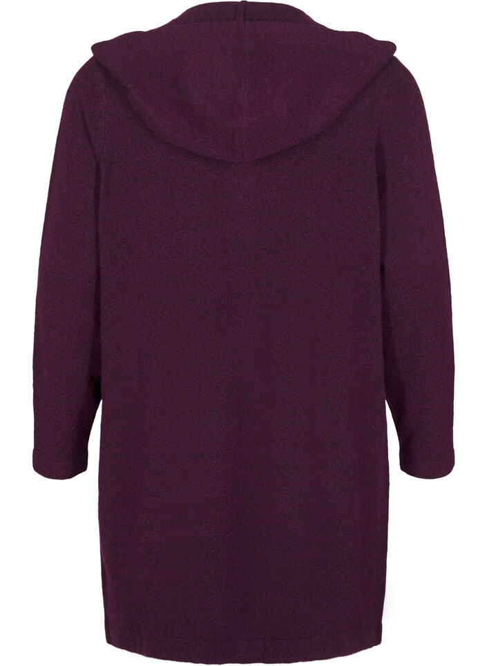 Lang strik cardigan med uld og hætte, Potent Purple Mel., Packshot image number 1