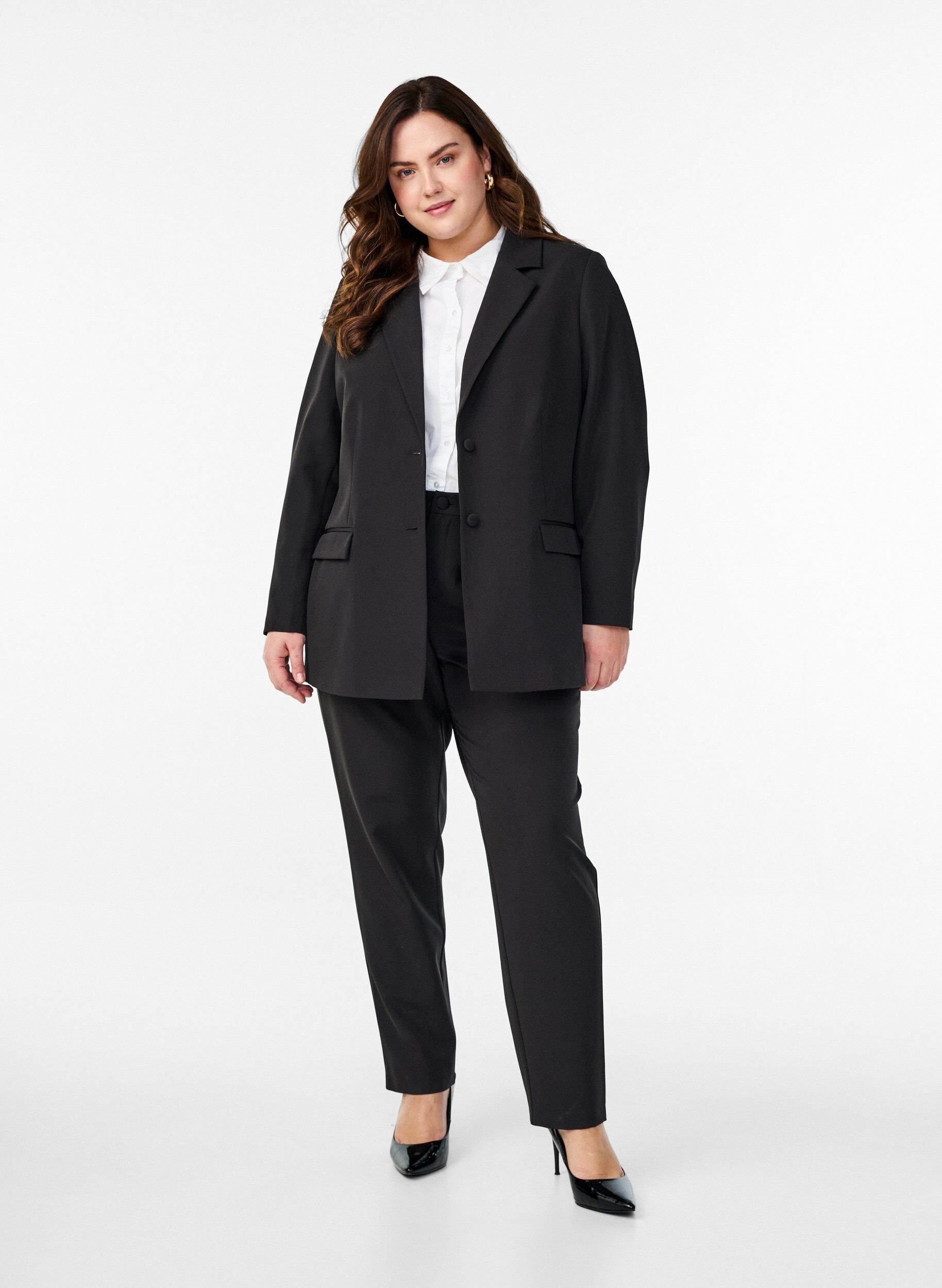 Zizzi Klassisk blazer med knaplukning, Sort, Model image number 1