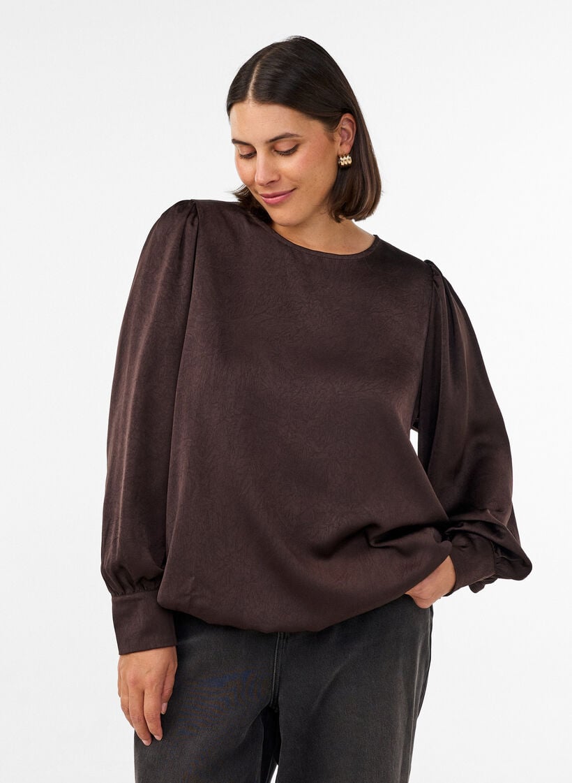 Bluse med satinlook og ballonform, Brun, Model image number 0