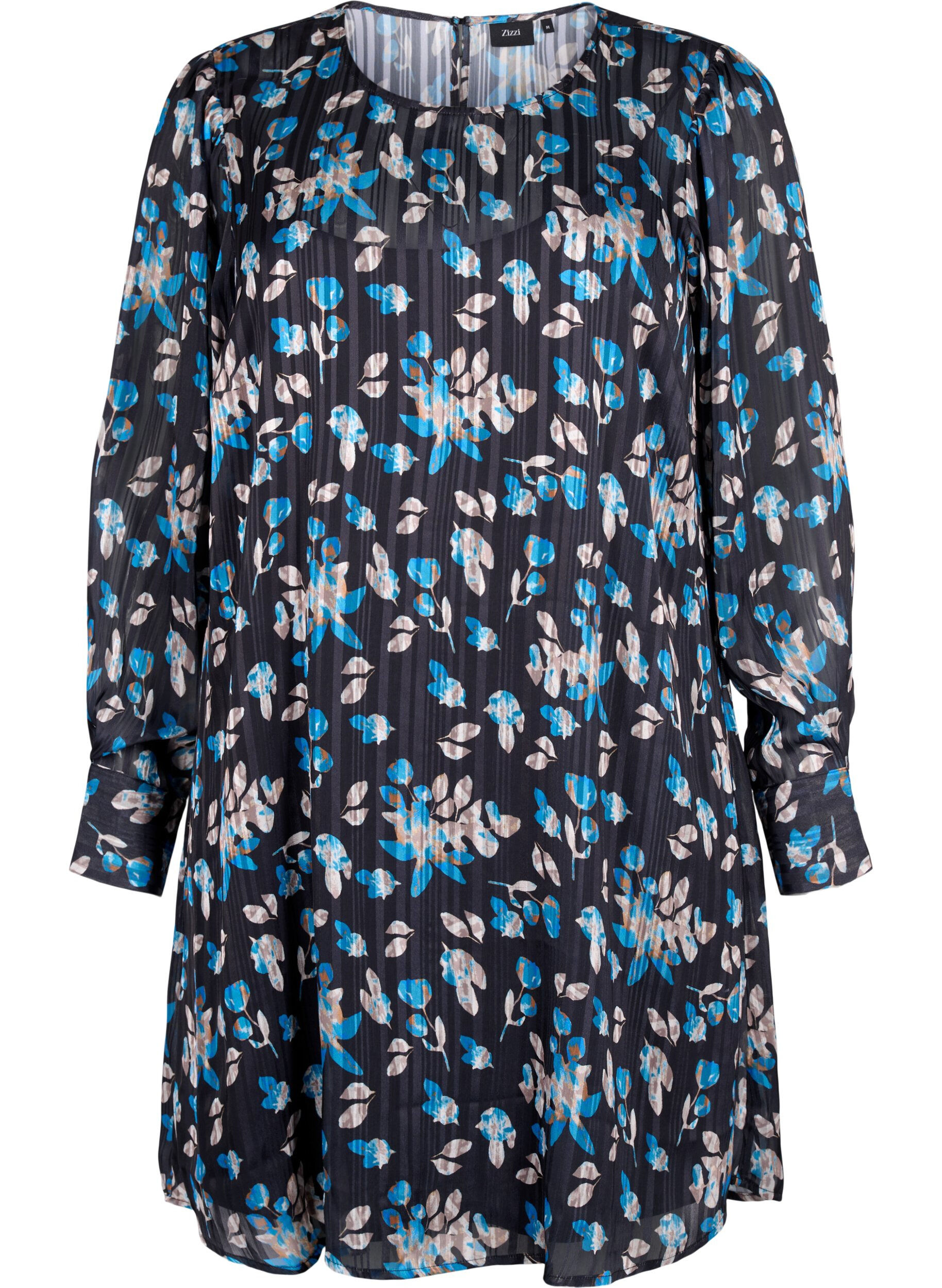Zizzi Kort kjole med print og rund hals, Black Blue Fl. AOP, Packshot image number 0