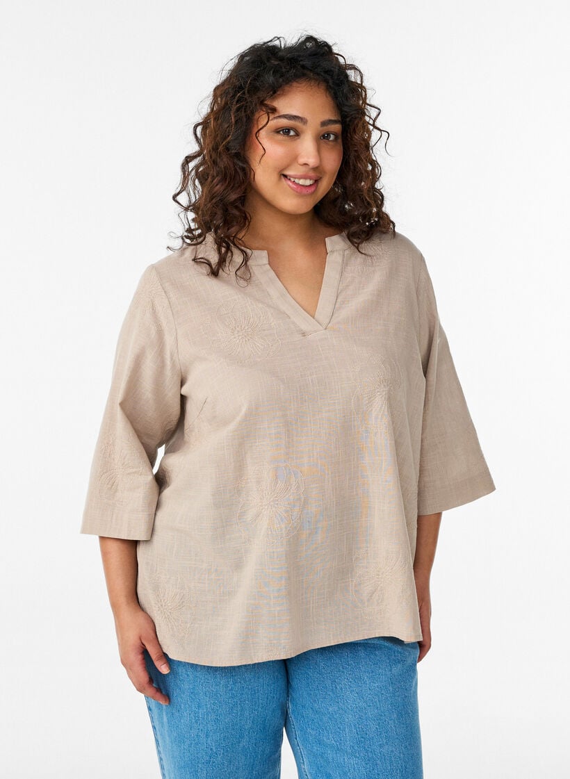 Bluse i bomuld med broderede detaljer og 3/4 &aelig;rmer, Beige, Model image number 0