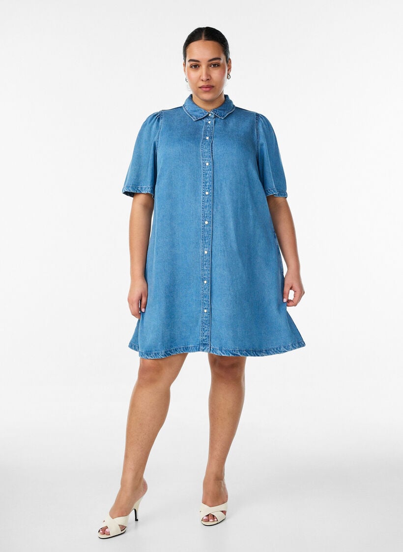 Denimkjole i lyocell med knapper og korte &aelig;rmer, Bl&aring;, Model image number 1