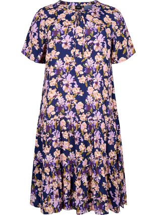 Kortærmet viskose kjole med print, Small Flower AOP, Packshot image number 0