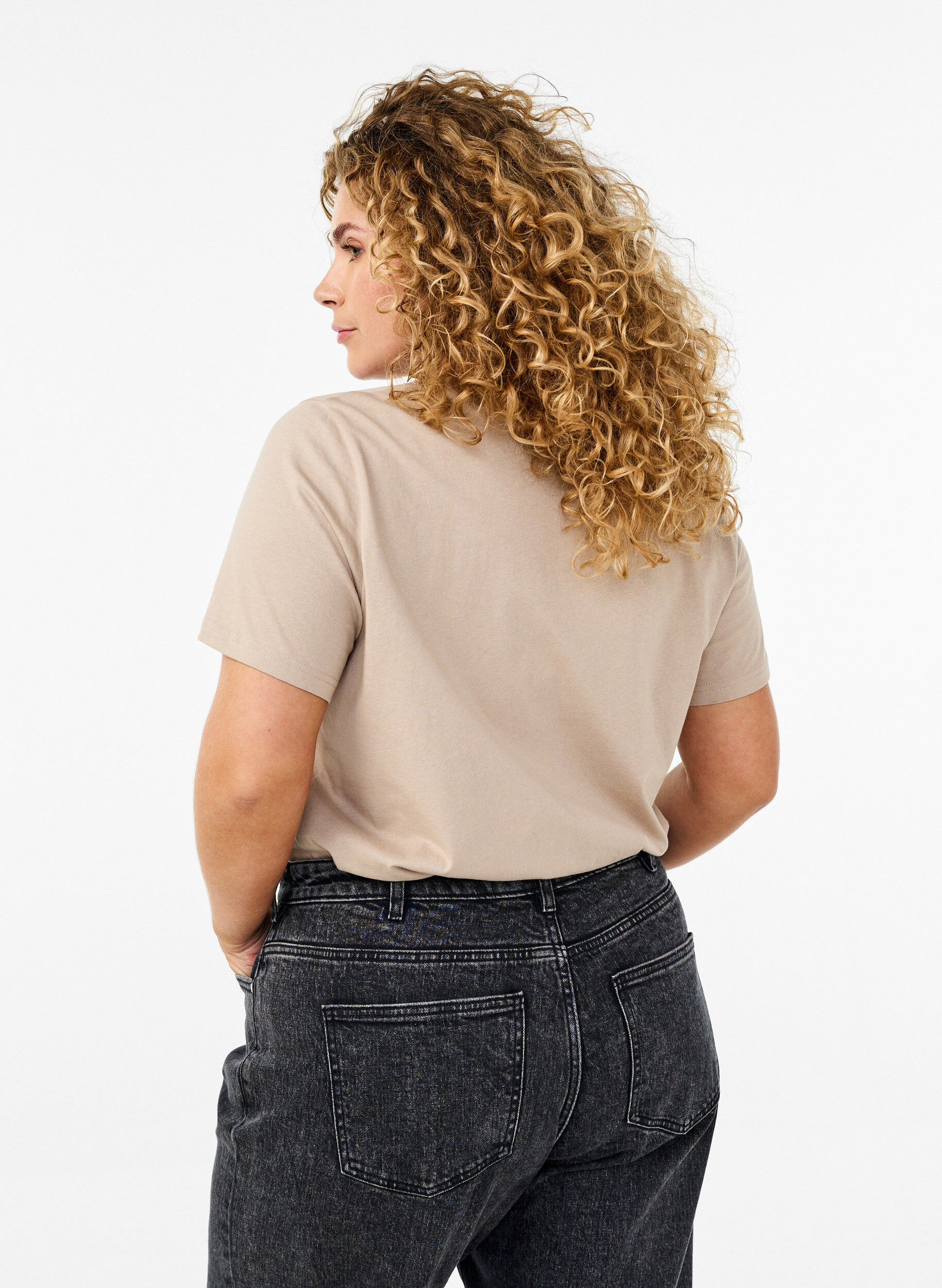ZizziBasis t-shirt i bomuld med rund hals , Beige, Model image number 2