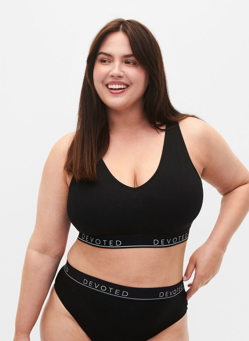 Bomulds bh med v-udskæring og tekstprint, Sort, Model image number 0