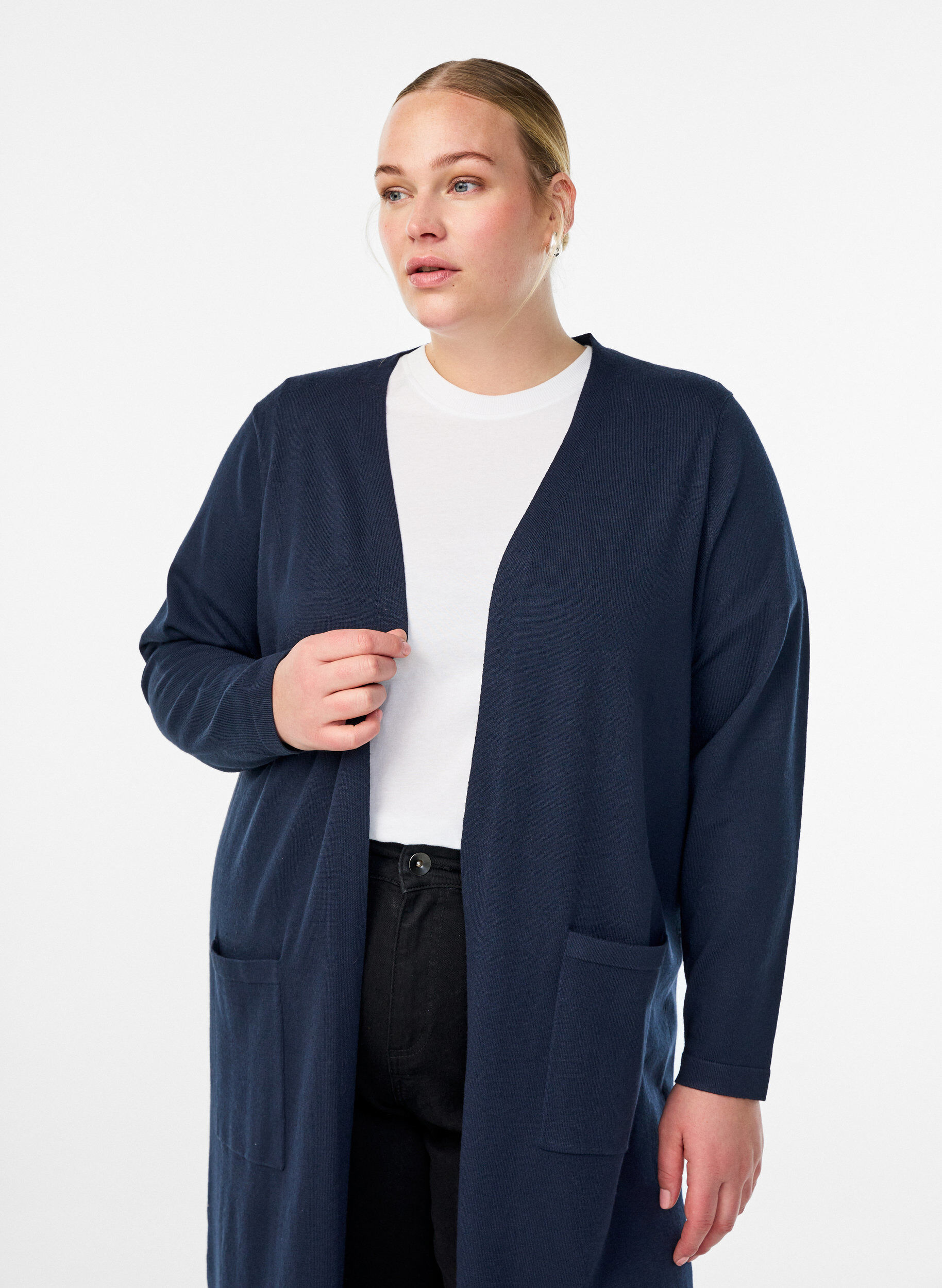 ZizziLang, &aring;ben cardigan med lommer, Bl&aring;, Model image number 2