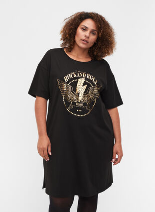 T-shirt kjole i bomuld med printdetaljer, Black w. Gold, Model image number 0