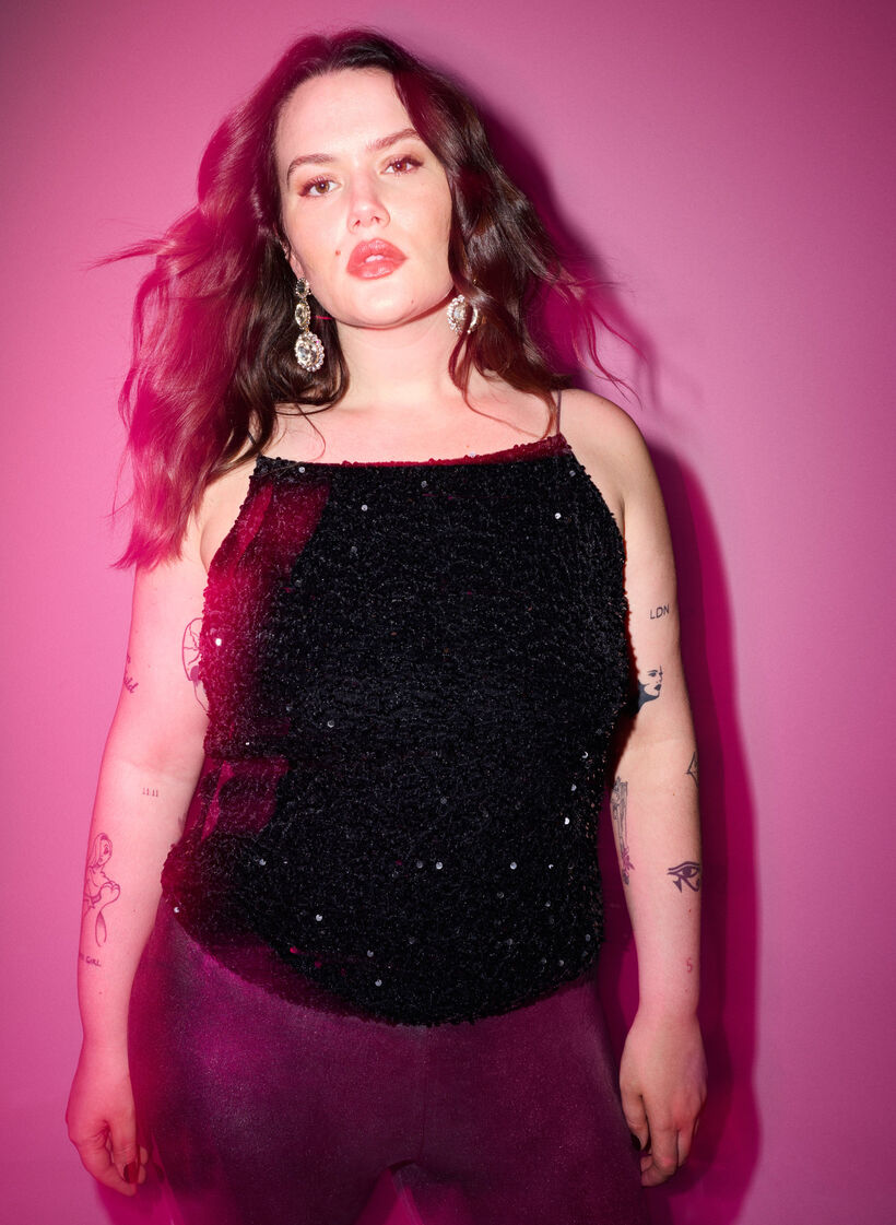 Top med pailletter og smalle stropper, Black Sequins, Image image number 0