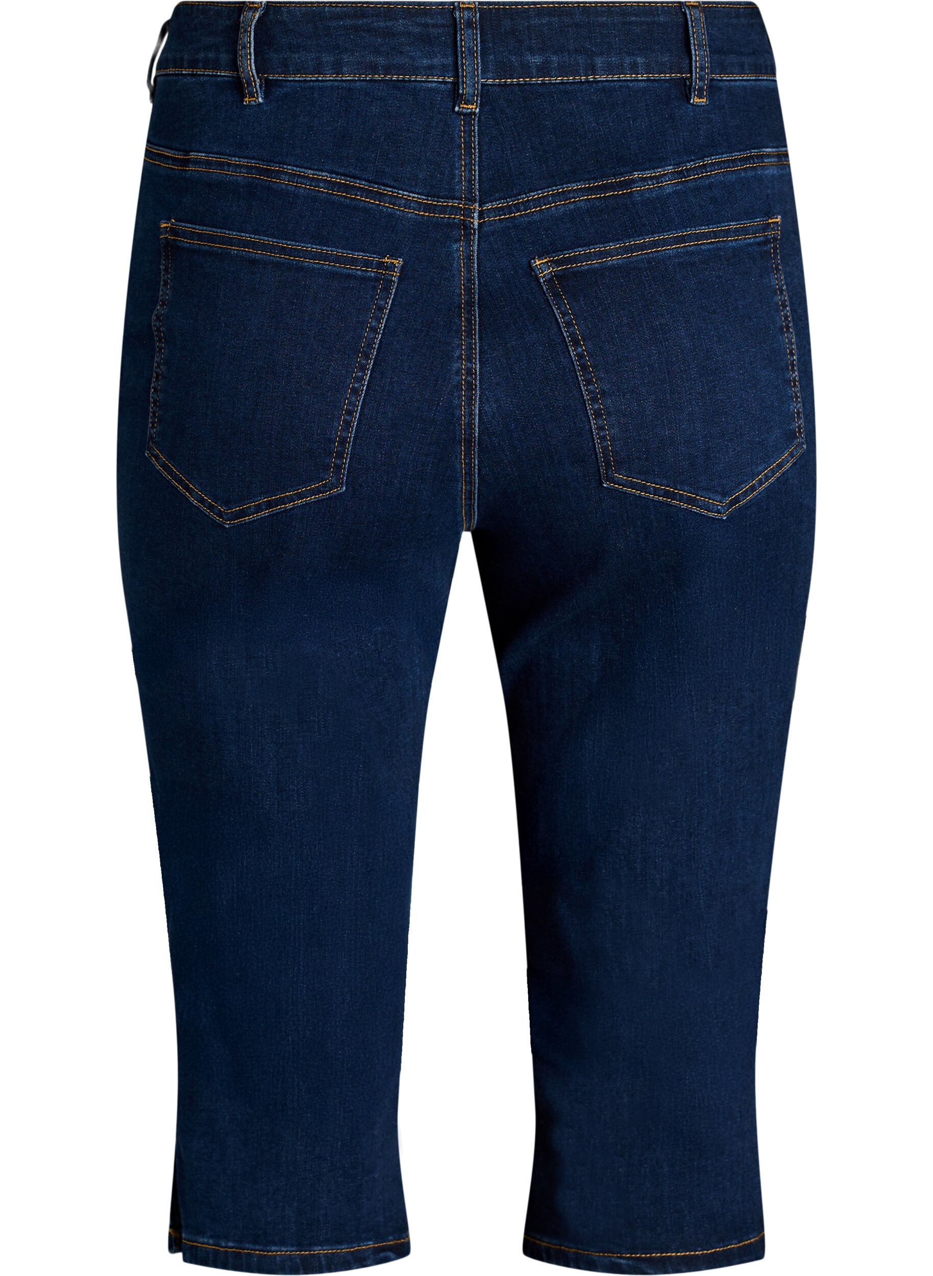 Zizzi H&oslash;jtaljede slim fit capribukser i str&aelig;kbar denim, Bl&aring;, Packshot image number 1