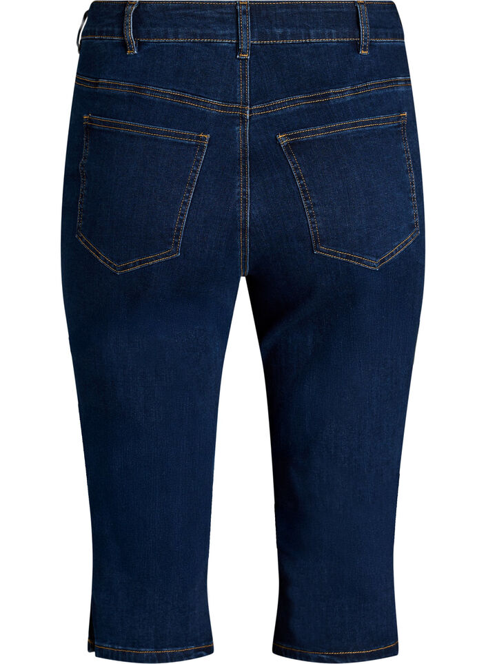 H&oslash;jtaljede slim fit capribukser i str&aelig;kbar denim, Bl&aring;, Packshot image number 1