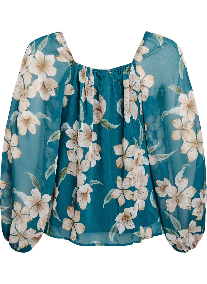 Chiffonbluse med blomster og lange &aelig;rmer , Gr&oslash;n, Packshot image number 1