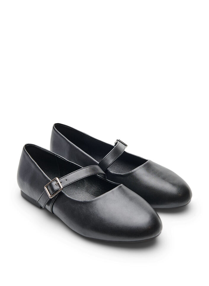 Ballerina i imiteret l&aelig;der med rem, Sort, Packshot image number 1