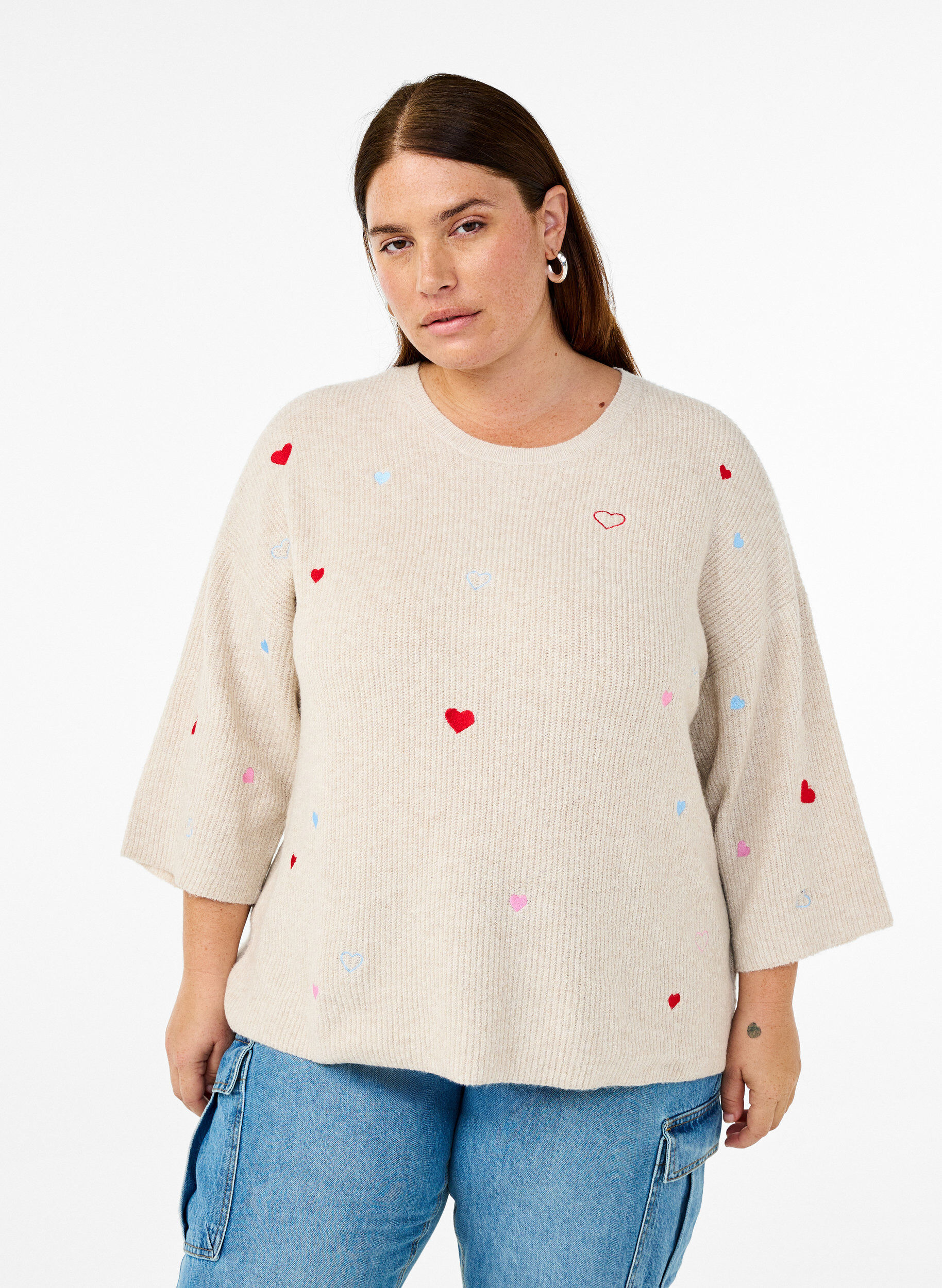 Strikbluse med hjerter og 3/4 &aelig;rmer, Beige, Model