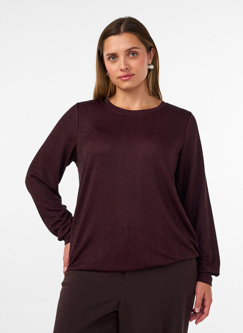 Bluse med lodret struktur og glittertr&aring;d, R&oslash;d, Model image number 0