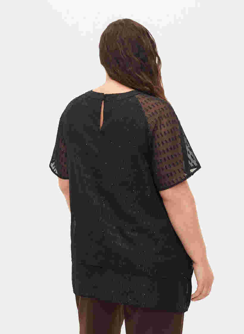 Bluse med 2/4 ærmer i mønstret chiffon, Black, Model image number 1