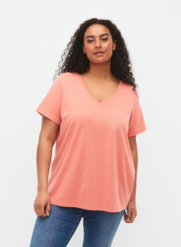 Kortærmet t-shirt med v-udskæring, Bright Coral, Model image number 0