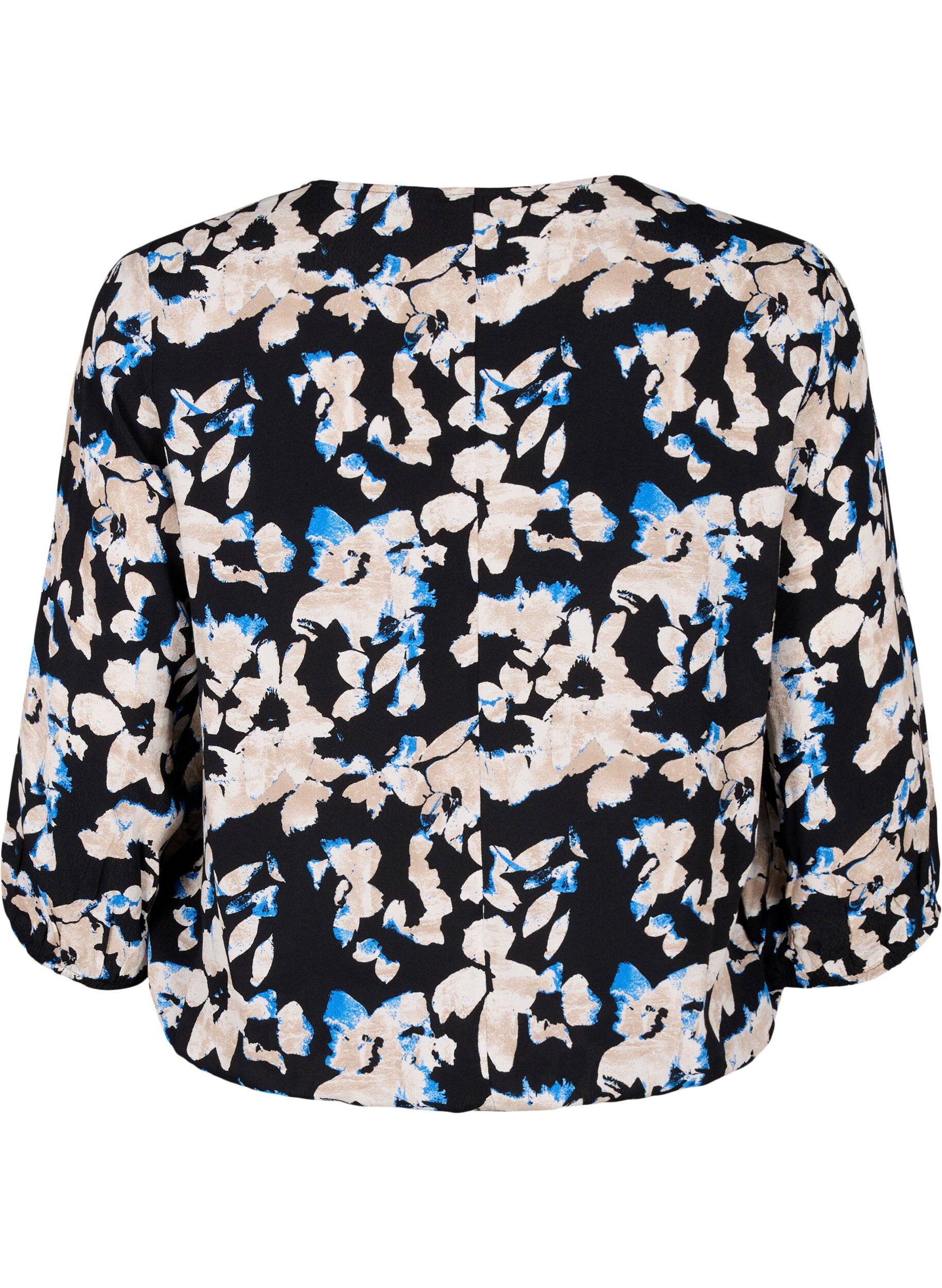 Zizzi Viskosebluse med print og smock, Sort, Packshot image number 1