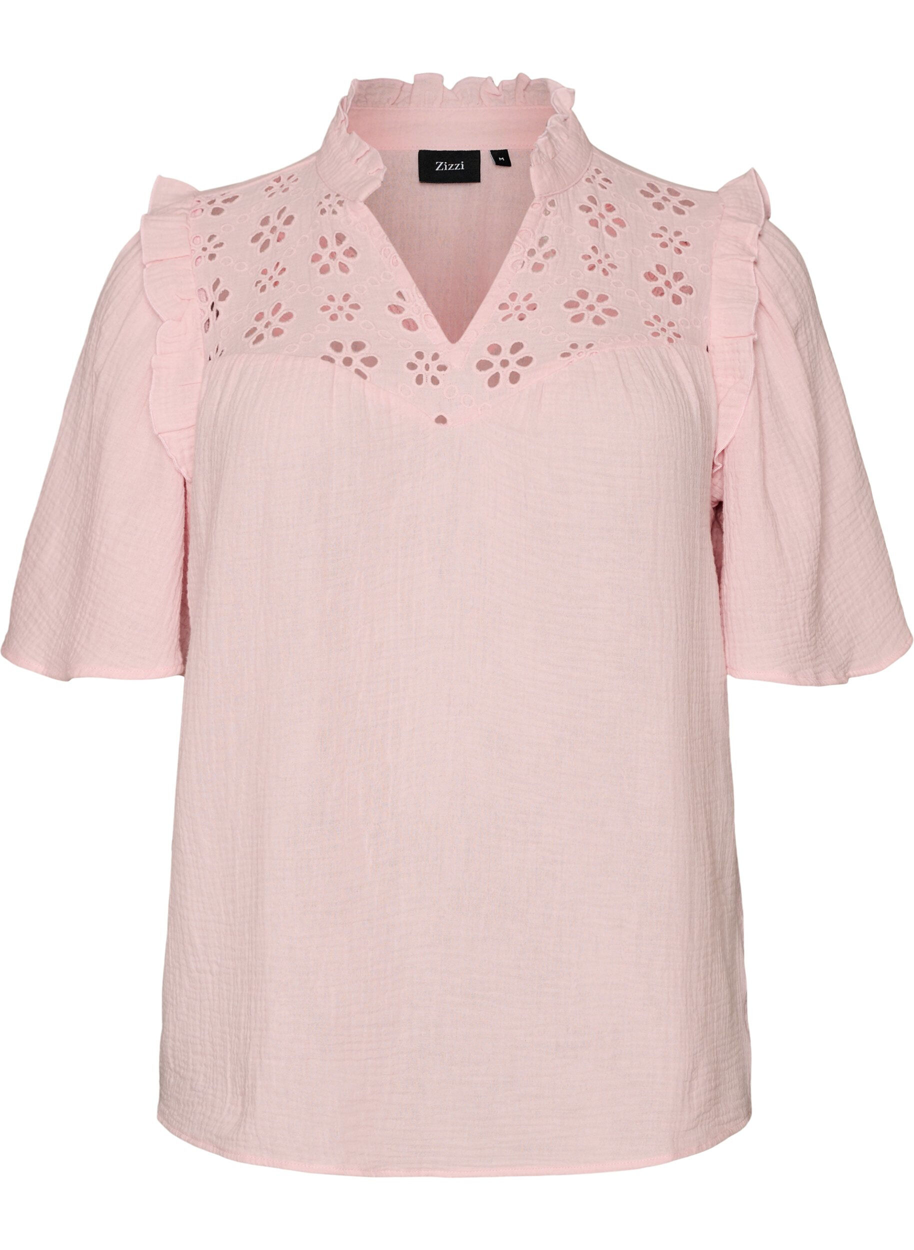 Bluse i bomuldsmusselin med broderie anglaise og 1/2 &aelig;rmer