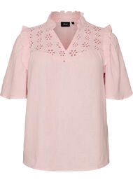 Bluse i bomuldsmusselin med broderie anglaise og 1/2 &aelig;rmer, Lyser&oslash;d