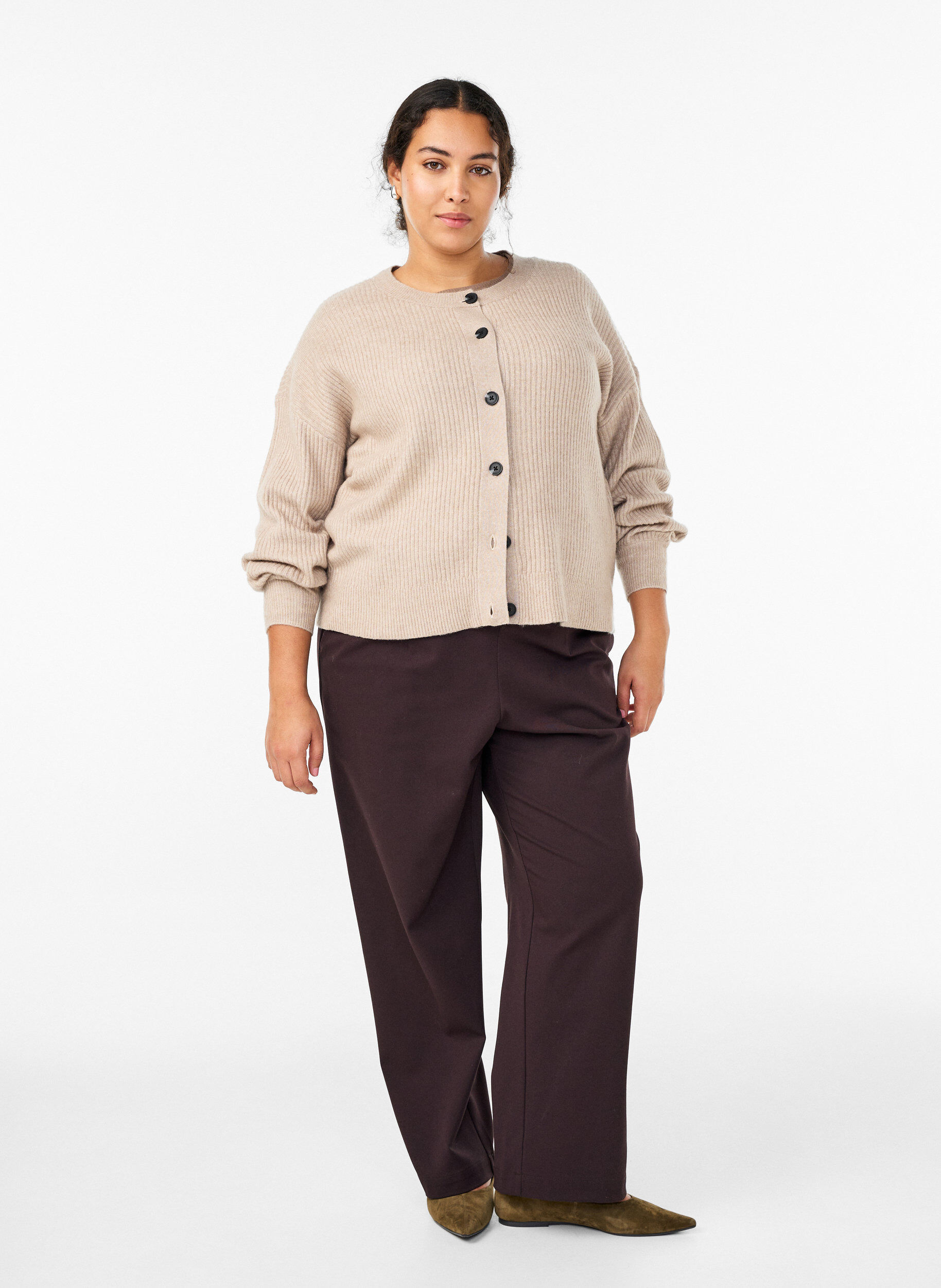 ZizziRibstrikket cardigan med knapper, Beige, Model image number 1