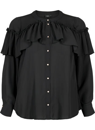 Flæse skjortebluse med perleknapper, Black, Packshot image number 0