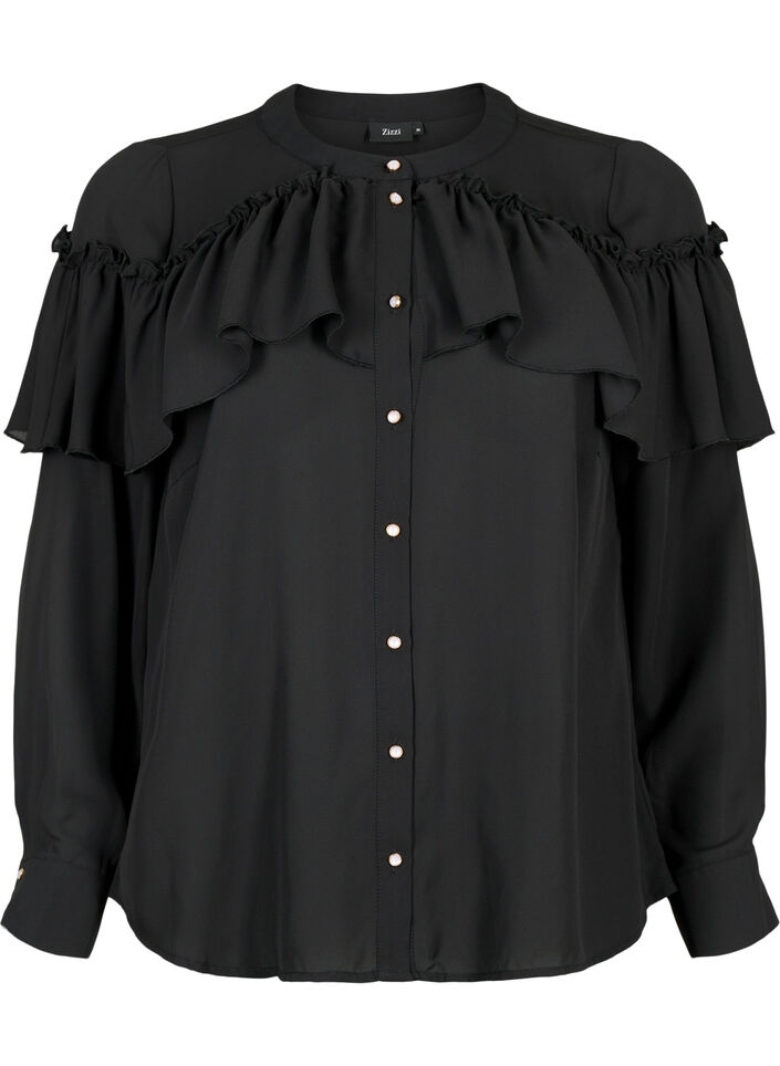 Flæse skjortebluse med perleknapper, Black, Packshot image number 0