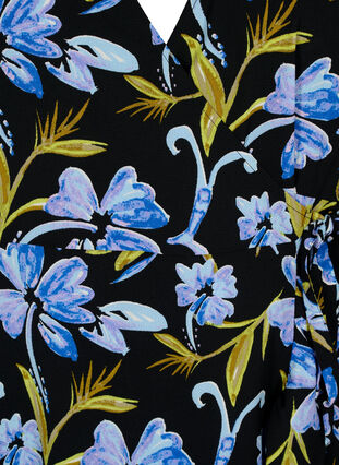 Printet wrapkjole med korte ærmer, Black Blue Flower, Packshot image number 2