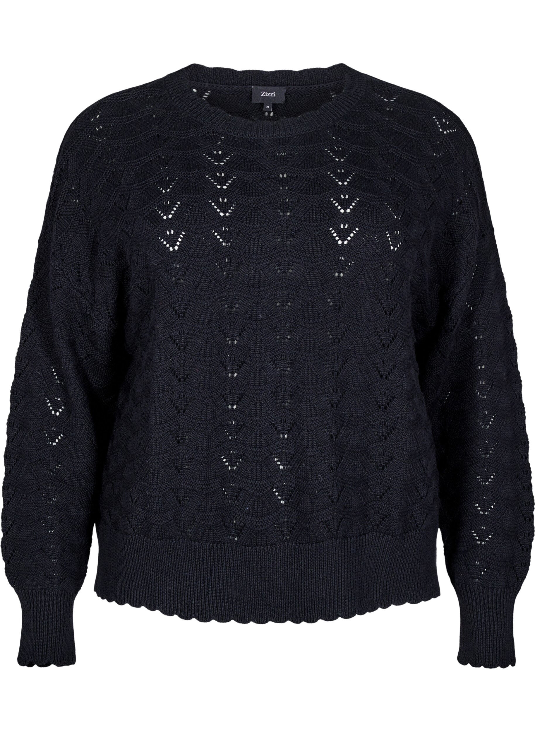 Zizzi Lang&aelig;rmet strikbluse med hulm&oslash;nster, Black, Packshot image number 0