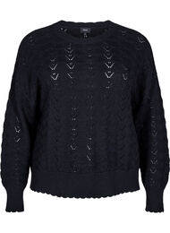 Langærmet strikbluse med hulmønster, Black