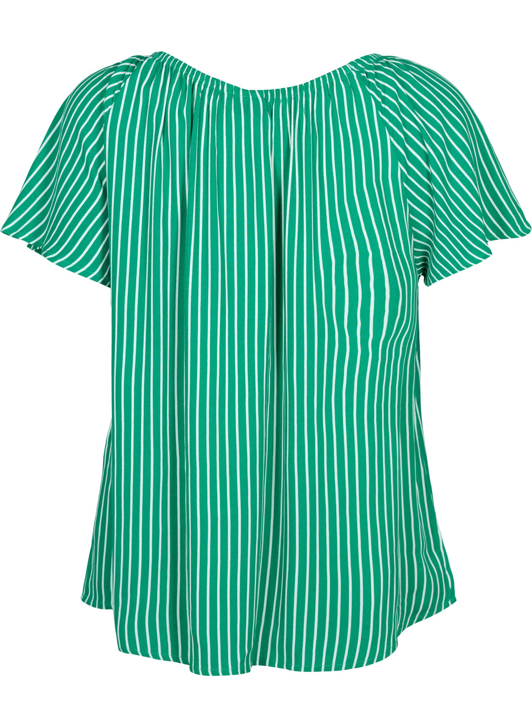 Zizzi Stribet viskose bluse med korte &aelig;rmer, J.Green/White Stripe, Packshot image number 1