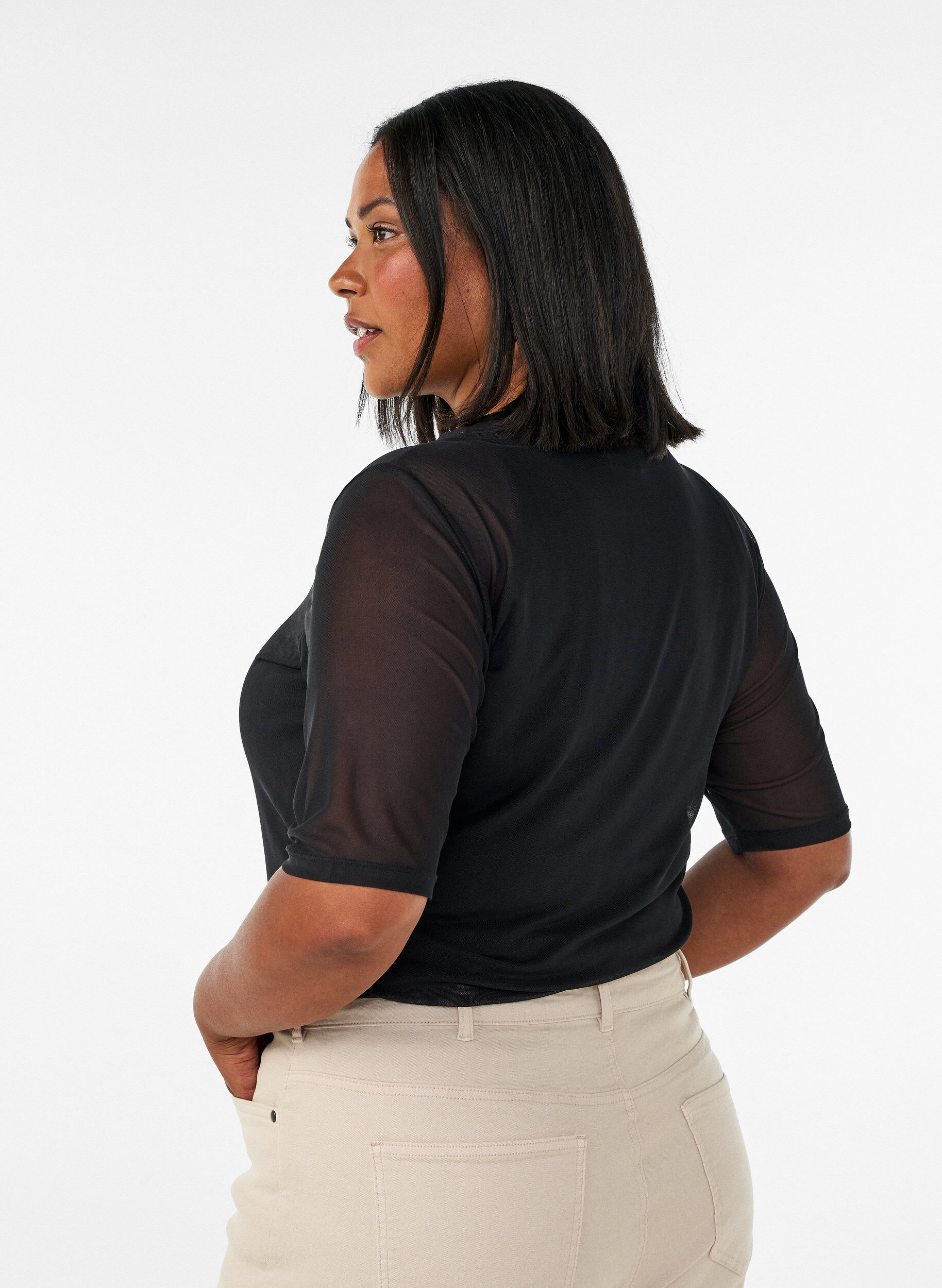 ZizziMeshbluse med korte &aelig;rmer og rund hals, Sort, Model image number 2