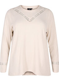 Bluse med broderidetaljer og lange ærmer, Beige