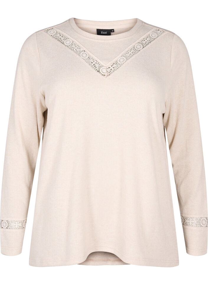 Bluse med broderidetaljer og lange ærmer, Beige, Packshot image number 0