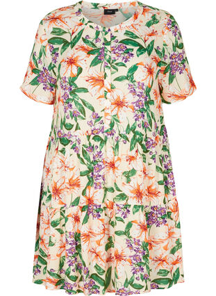 Kortærmet viskose kjole med a-form, Tropic AOP, Packshot image number 0