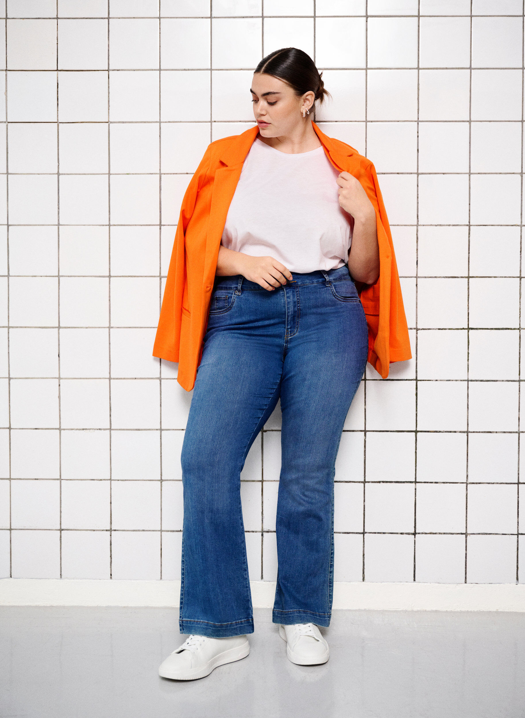 Zizzi Enkel blazer med knaplukning, Mandarin Orange, Image image number 1