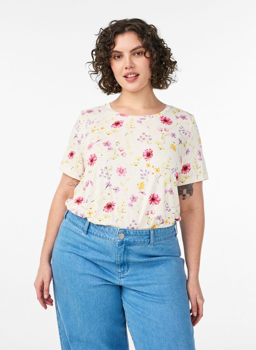 T-shirt med blomsterprint, Hvid, Model image number 0