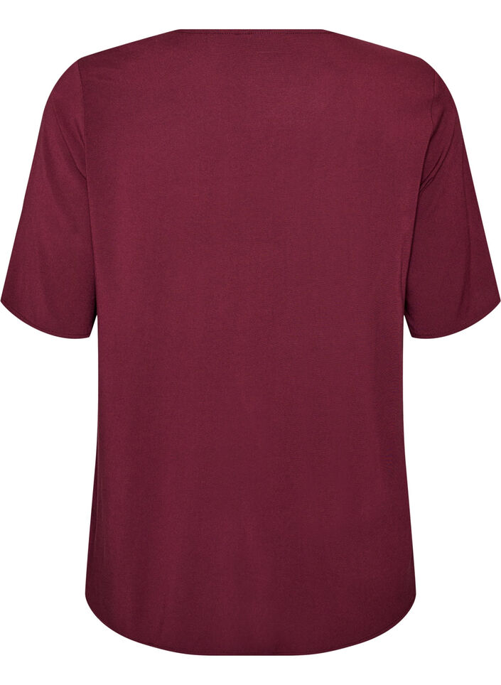 Kort&aelig;rmet v&aelig;vet bluse med rund hals, R&oslash;d, Packshot image number 1