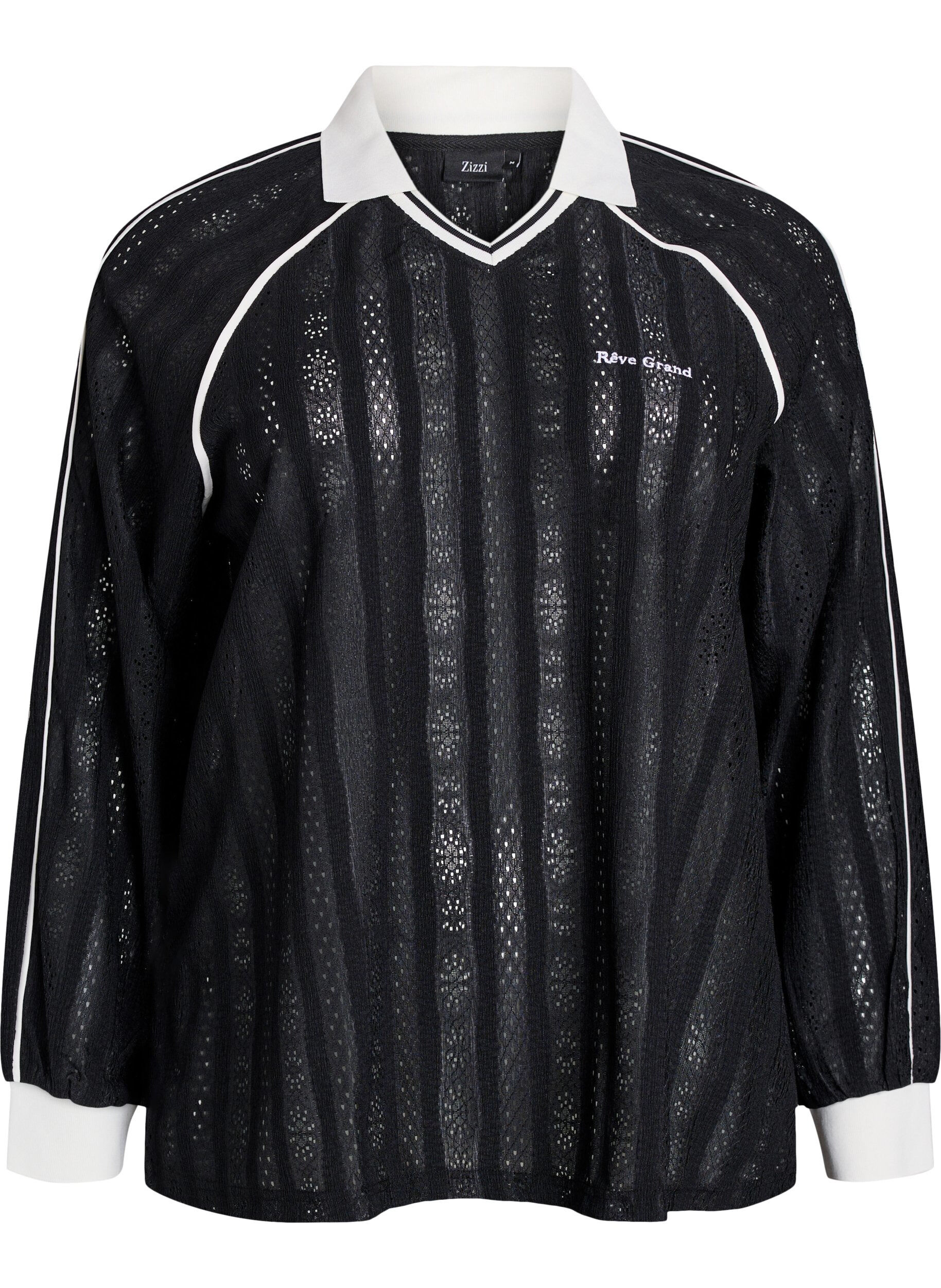 Bluse i strukturm&oslash;nstret jersey med kontrastdetaljer