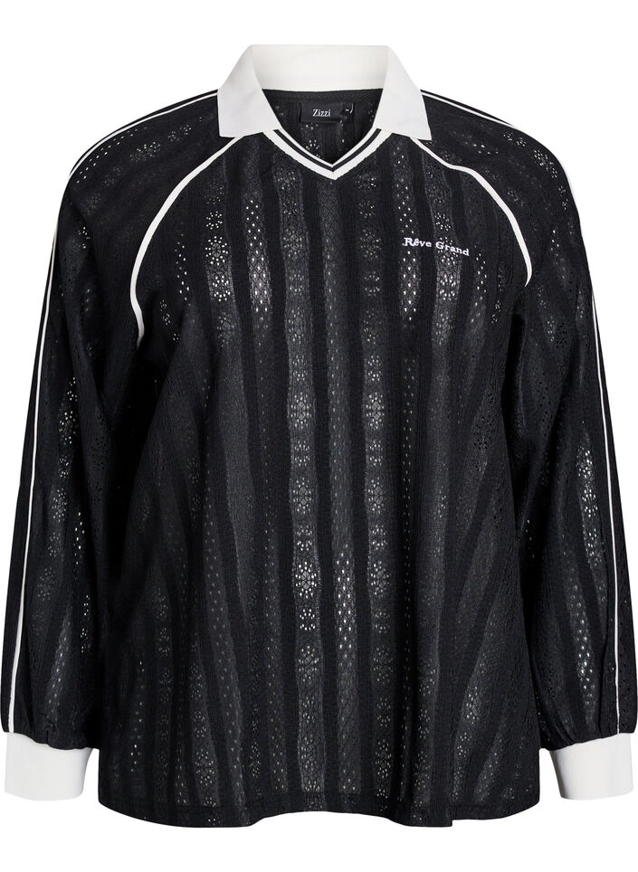 Bluse i strukturmønstret jersey med kontrastdetaljer, Sort, Packshot image number 0