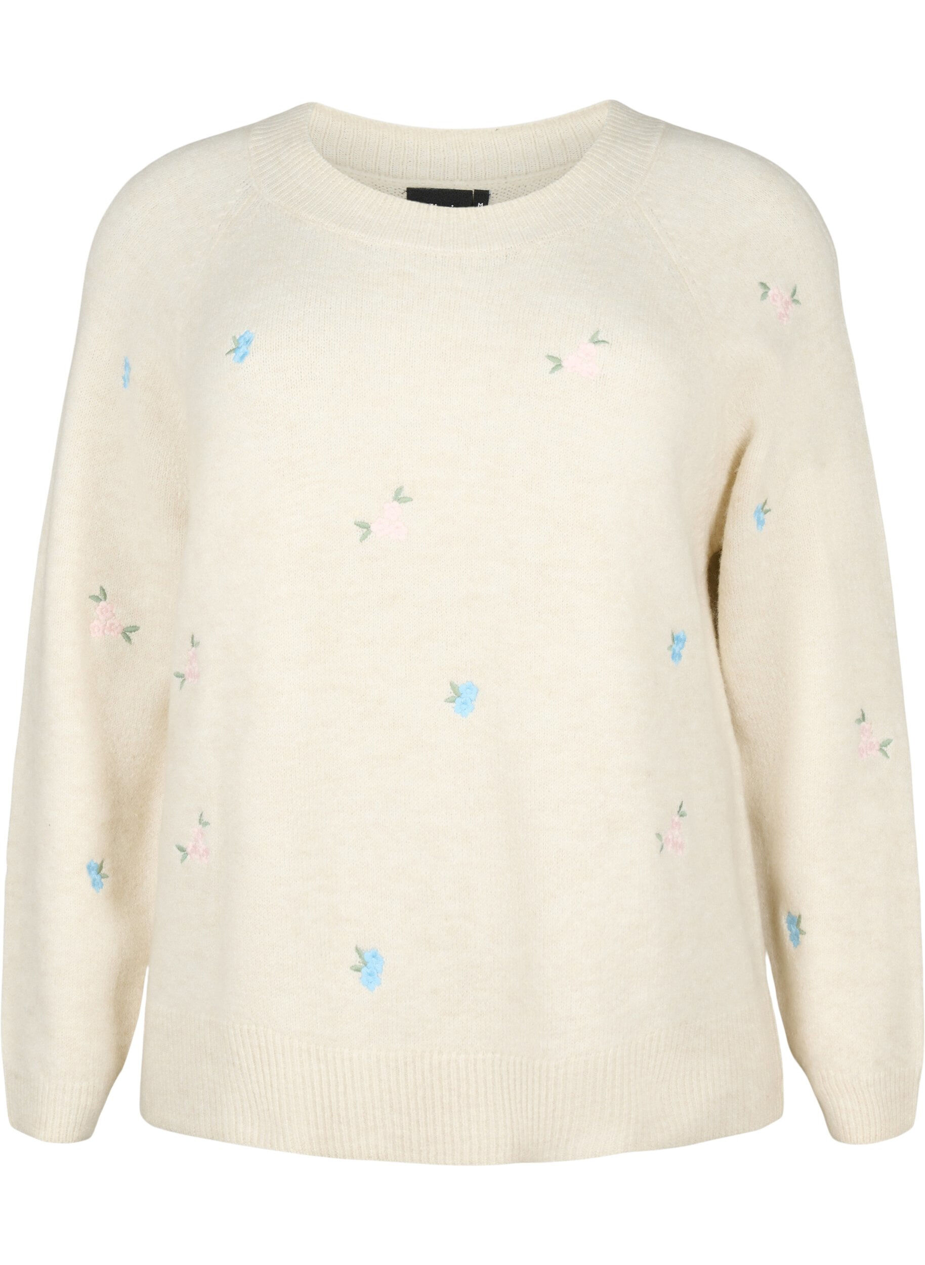 Zizzi Strikbluse med broderede blomster, Birch Comb, Packshot image number 0