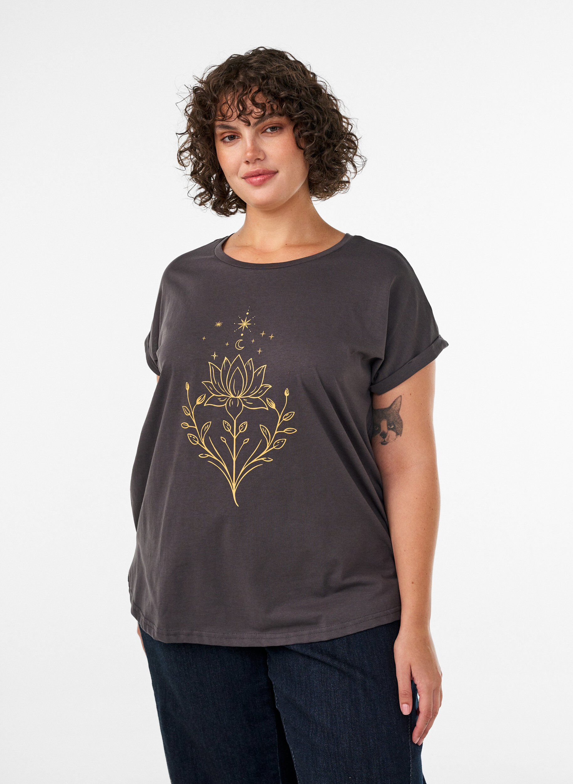 ZizziT-shirt med dekorativt frontprint, Gr&aring;, Model image number 0