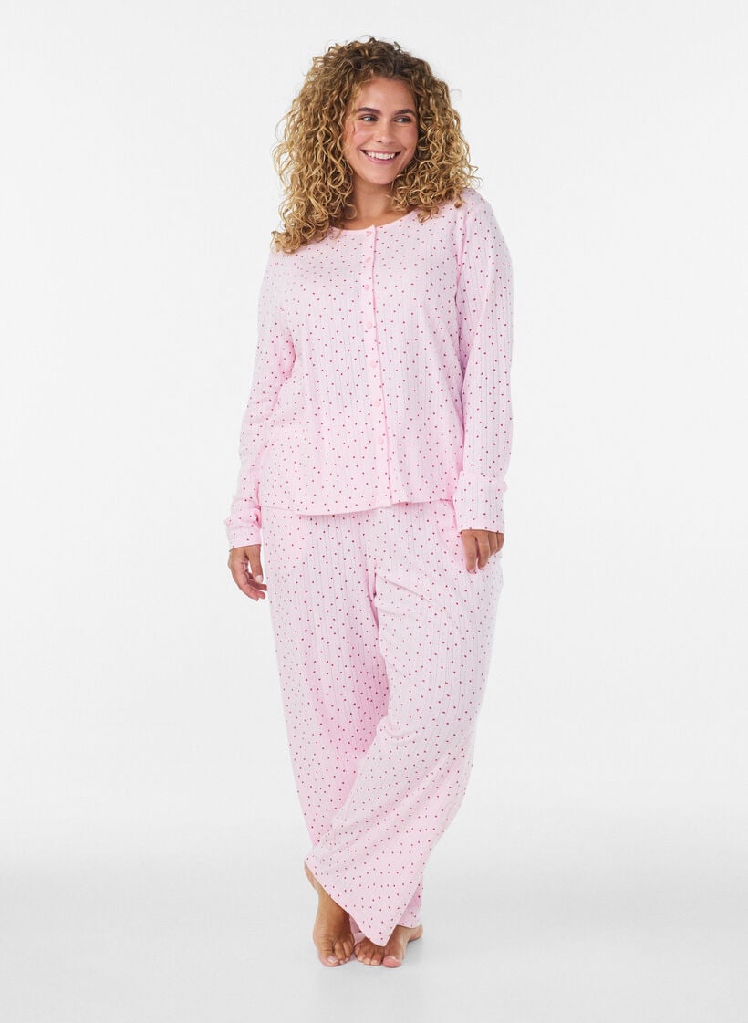 Pyjamabukser i &oslash;kologisk bomuld med hulm&oslash;nster, Lyser&oslash;d, Model image number 0