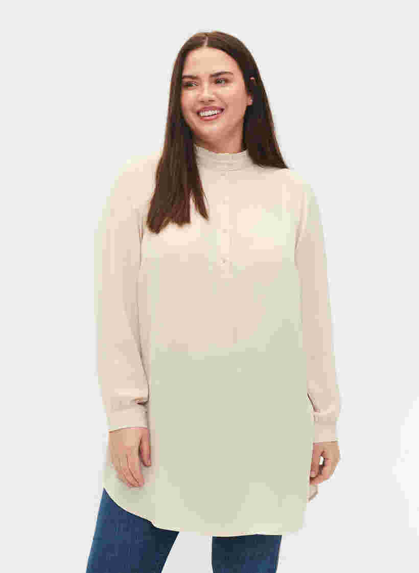 Langærmet tunika med flæsekrave, Warm Off-white, Model image number 0