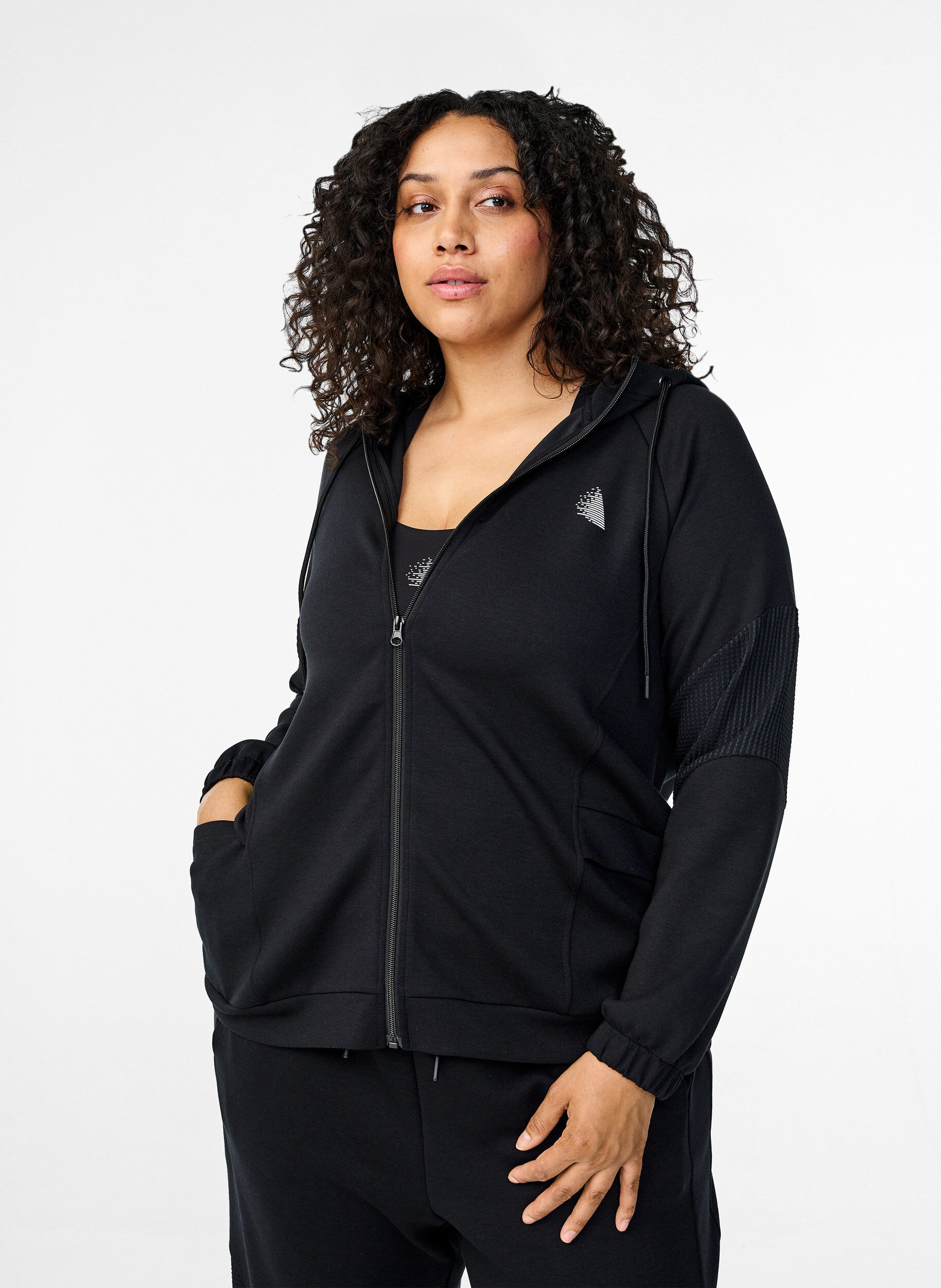 Zizzi Sweat cardigan med h&aelig;tte og lommer, Black, Model image number 0