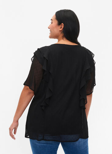 Kortærmet bluse med flæser og prikket mønster, Black, Model image number 1