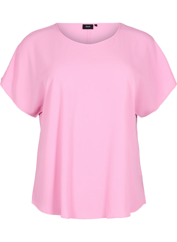 Bluse med korte &aelig;rmer og rund halsudsk&aelig;ring, Lyser&oslash;d, Packshot image number 0