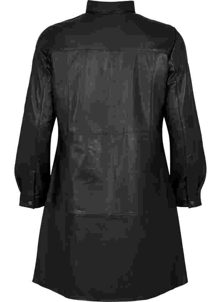 Læderkjole med lange ærmer og knaplukning, Black, Packshot image number 1