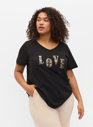 Bomulds t-shirt med v-udskæring, Black Love Leo, Model image number 0
