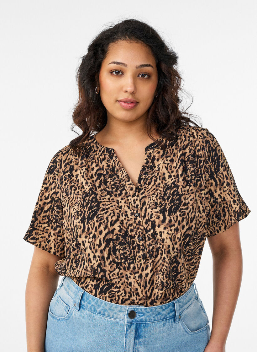 Bluse med korte &aelig;rmer og v-udsk&aelig;ring , Brun, Model image number 0