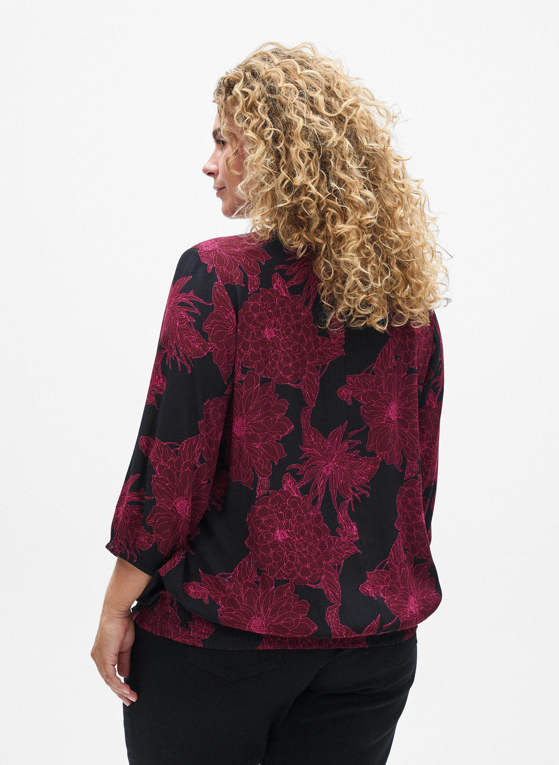 Zizzi Viskosebluse med blomsterprint og smock, M&oslash;rk Bordeaux, Model image number 2